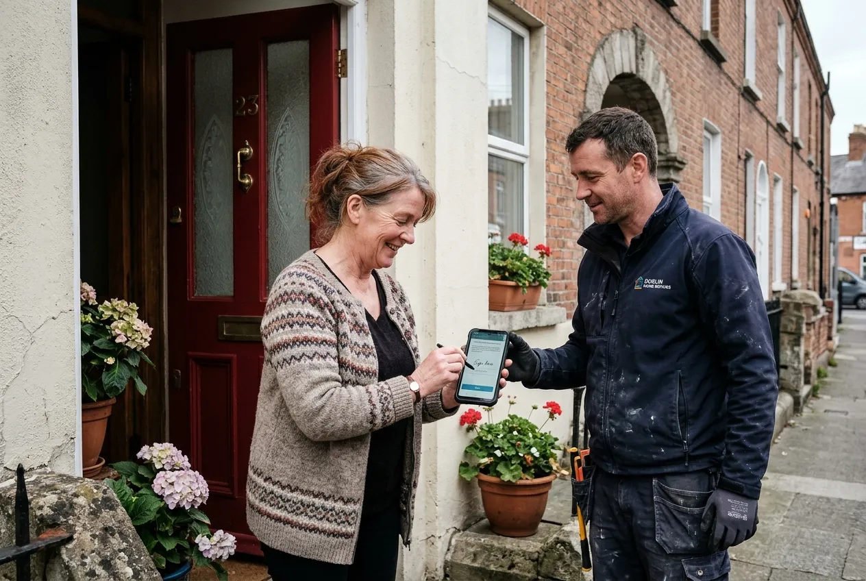 A tradesman shows a homeowner the job on a tablet at her front door